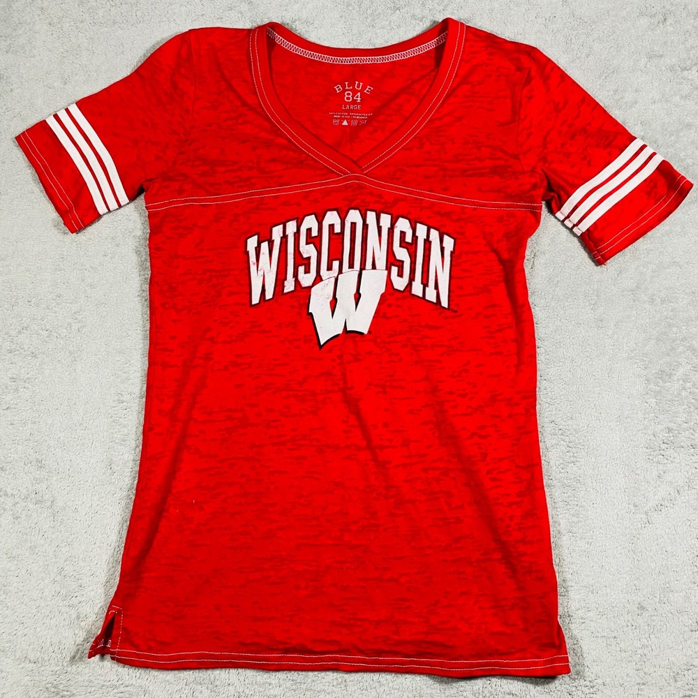Blue 84 Wisconsin Badgers T-Shirt Women Large Red Burnout V-Neck Jersey Style